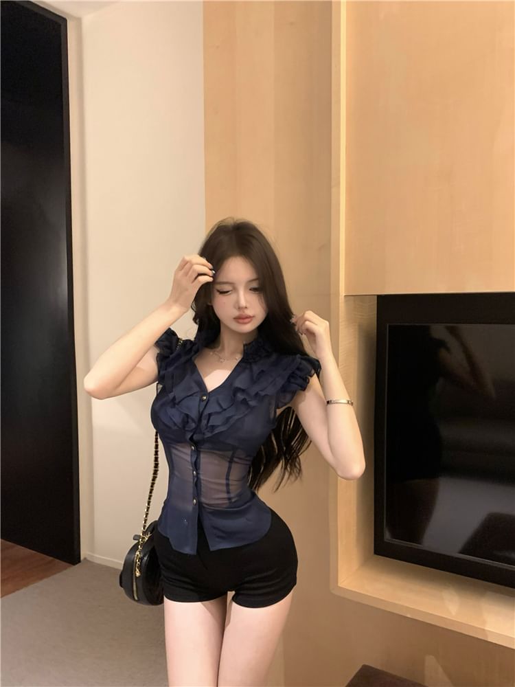 Blouse Trim Ruffle Fit Cap-Sleeve Plain Slim