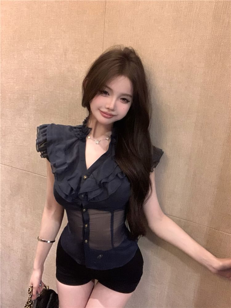 Blouse Trim Ruffle Fit Cap-Sleeve Plain Slim