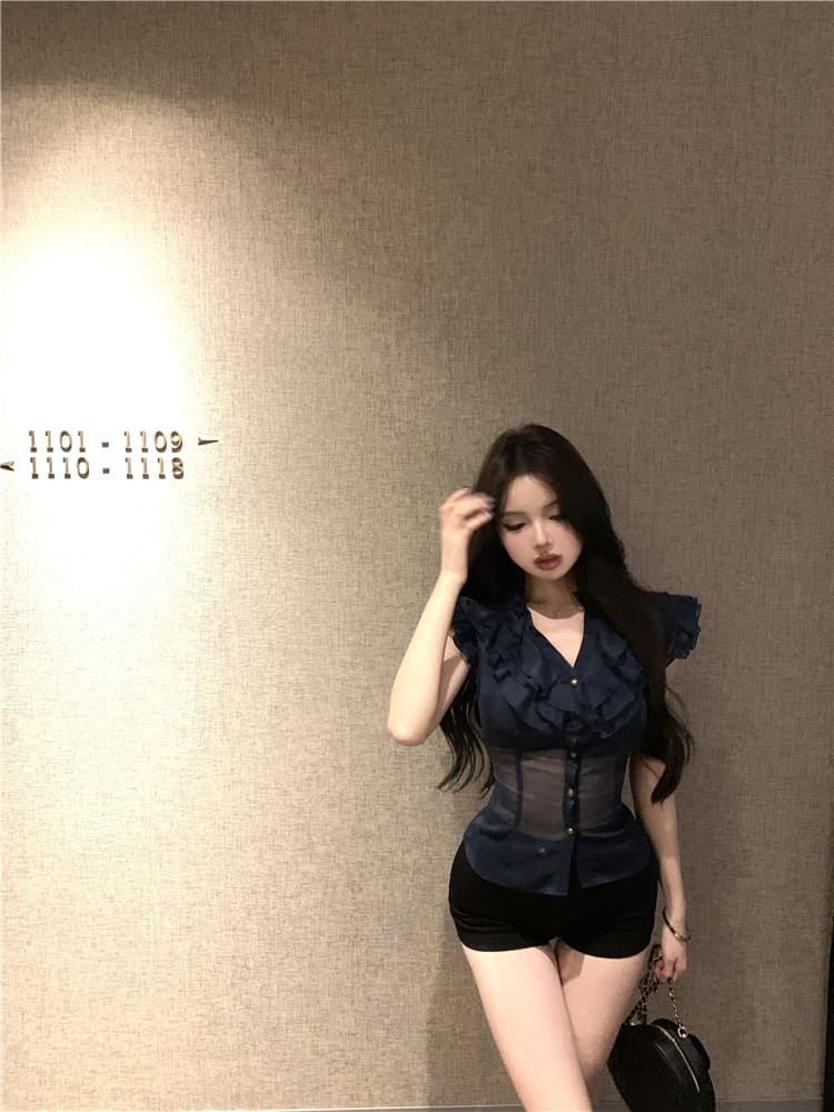 Blouse Trim Ruffle Fit Cap-Sleeve Plain Slim