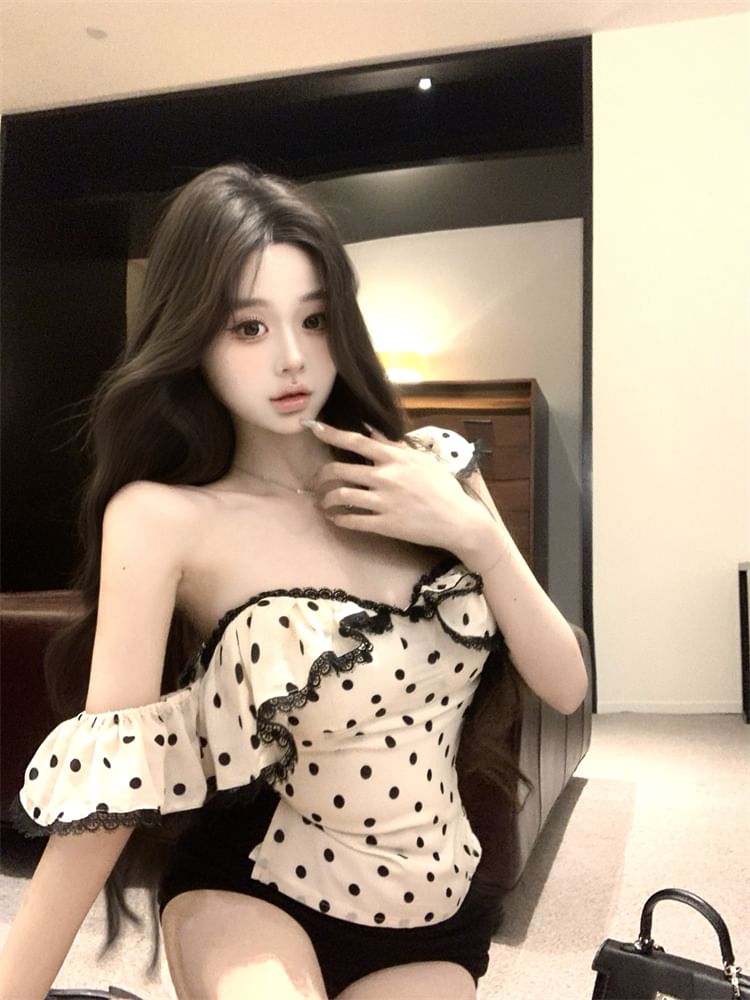 Maxi Cap-Sleeve Lace Fit Dotted Sheath Tank Dress Trim Top / Slim Ruffle