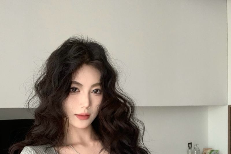 Scoop Lace Neck Trim Top Long-Sleeve Crop Button Fit Slim