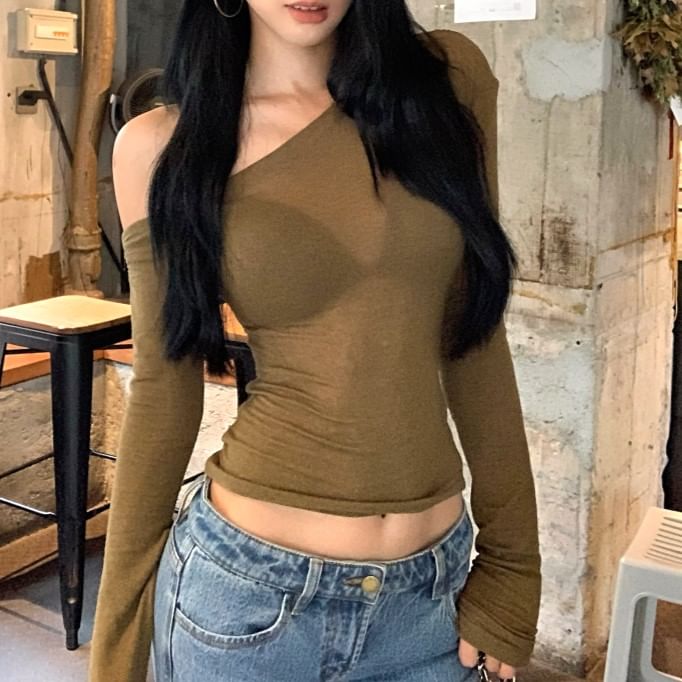 Plain T-Shirt Neck Long-Sleeve Fit Slim Crop Asymmetrical One-Shoulder