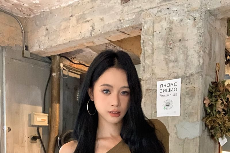 Plain T-Shirt Neck Long-Sleeve Fit Slim Crop Asymmetrical One-Shoulder