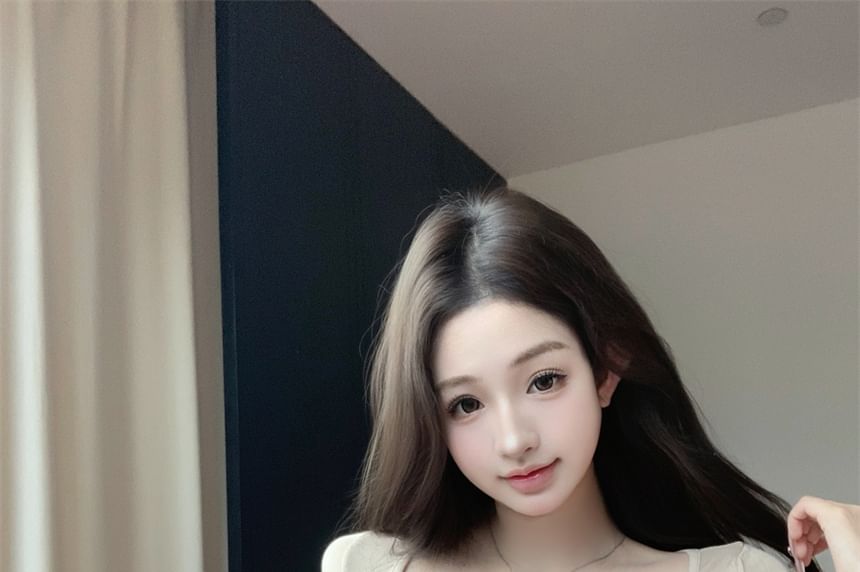 Henley Long-Sleeve Plain Top Lace Crop + Fit Set: Camisole T-Shirt Slim