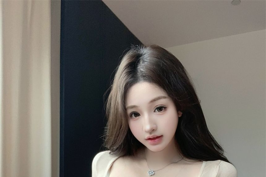 Henley Long-Sleeve Plain Top Lace Crop + Fit Set: Camisole T-Shirt Slim