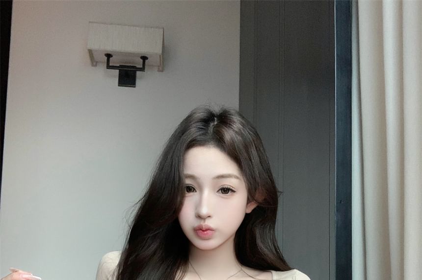 Henley Long-Sleeve Plain Top Lace Crop + Fit Set: Camisole T-Shirt Slim