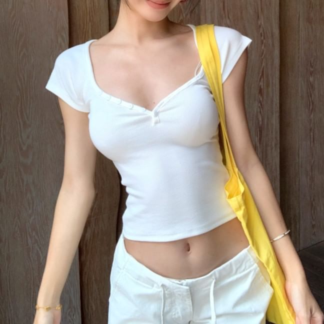 T-Shirt Crop Plain Short-Sleeve Ruched Fit Slim