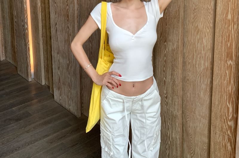 T-Shirt Crop Plain Short-Sleeve Ruched Fit Slim