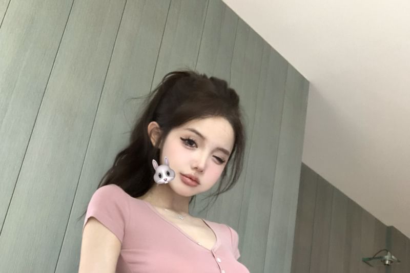 Slim T-Shirt Plain Fit Short-Sleeve V-Neck Crop