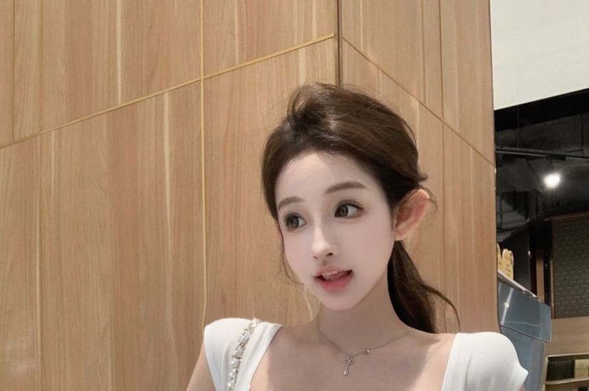 Waist Fit Pants Plain Short-Sleeve Striped Trim / Crop Drawstring Loose Off-Shoulder Tee