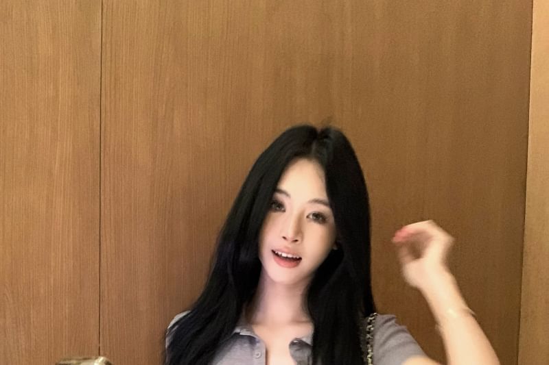 Hot Fit Tee Waist Collared Pants Half-Buttoned Plain Short-Sleeve / High Slim