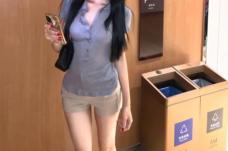 Hot Fit Tee Waist Collared Pants Half-Buttoned Plain Short-Sleeve / High Slim