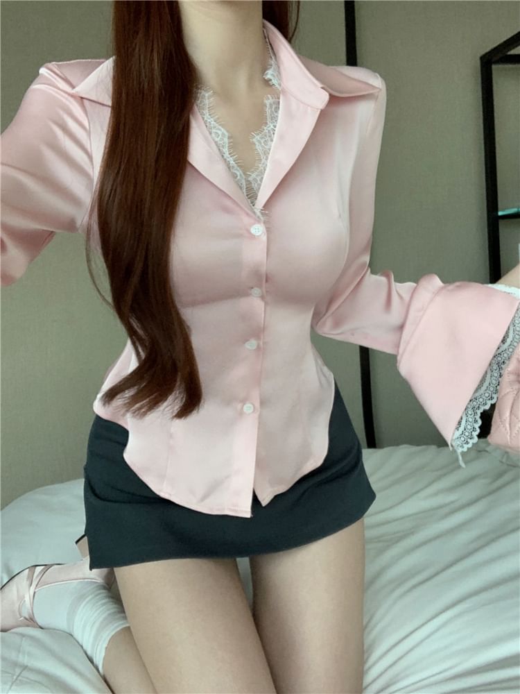 / Mini Blouse Skirt Plain Lace Rise Trim Long-Sleeve Button-Up Collared High Pencil