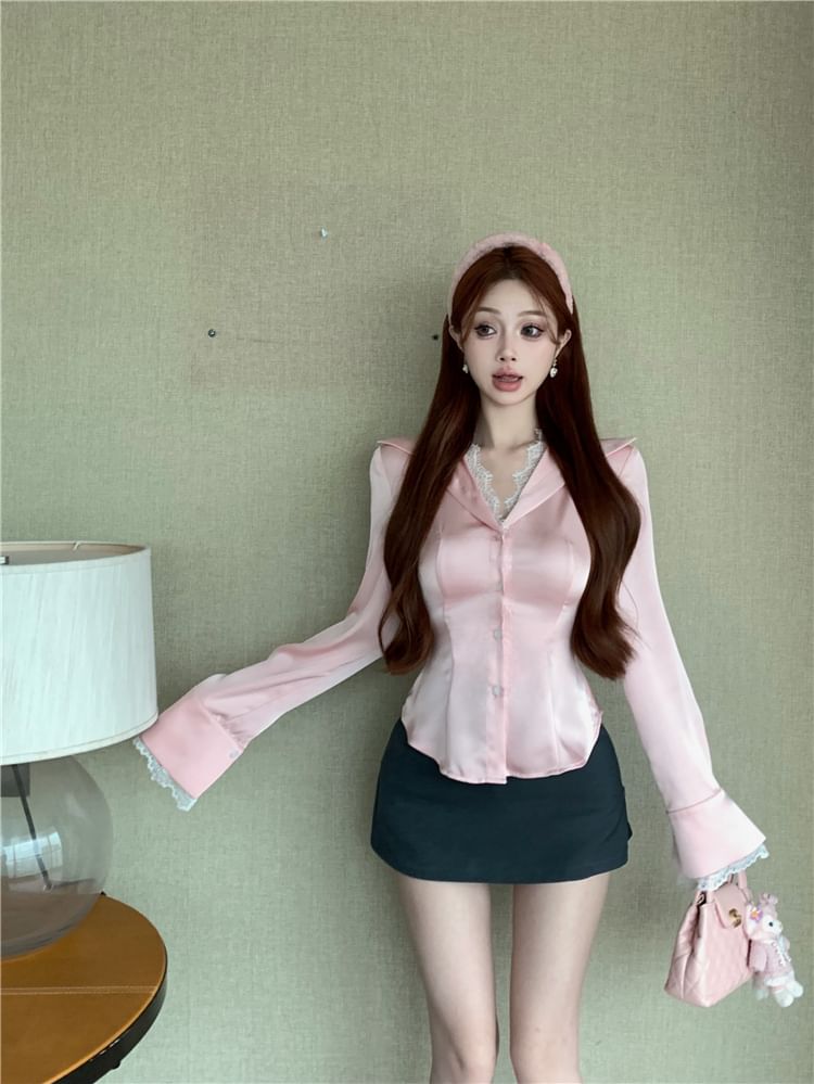 / Mini Blouse Skirt Plain Lace Rise Trim Long-Sleeve Button-Up Collared High Pencil