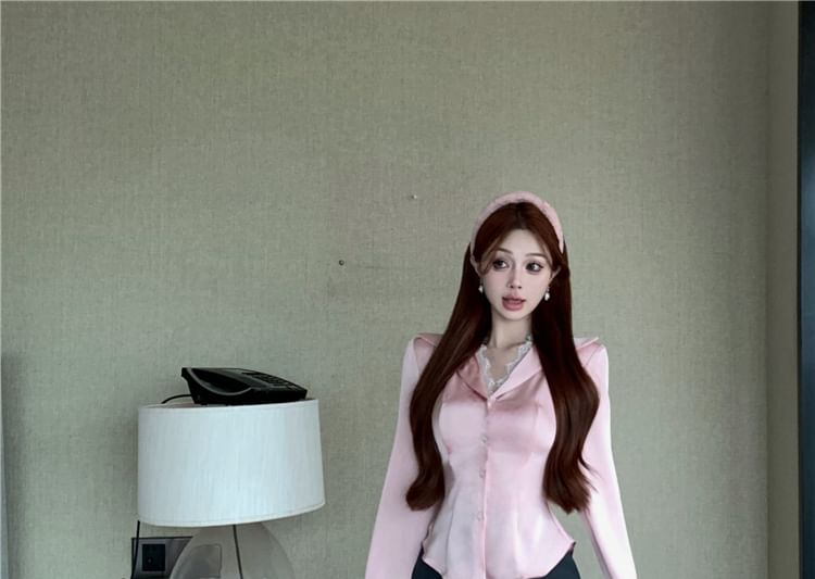 / Mini Blouse Skirt Plain Lace Rise Trim Long-Sleeve Button-Up Collared High Pencil