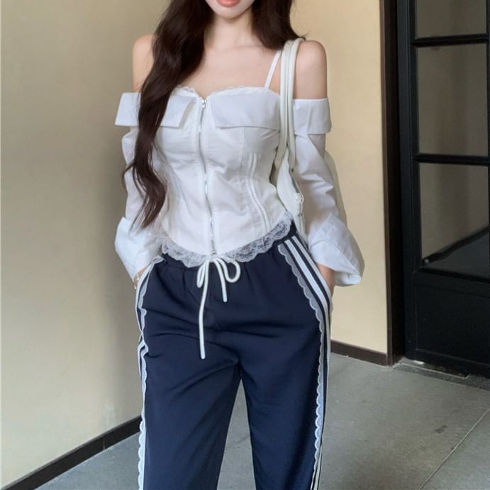 Drawstring Cold Zip-Up Fit / Striped Pants Lace Long-Sleeve Waist Shoulder Loose Trim Blouse Crop