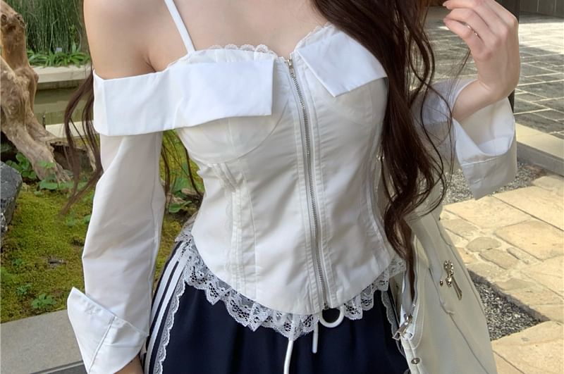 Drawstring Cold Zip-Up Fit / Striped Pants Lace Long-Sleeve Waist Shoulder Loose Trim Blouse Crop