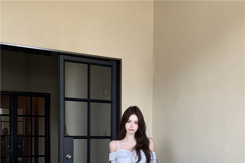 Drawstring Cold Zip-Up Fit / Striped Pants Lace Long-Sleeve Waist Shoulder Loose Trim Blouse Crop