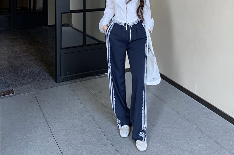 Drawstring Cold Zip-Up Fit / Striped Pants Lace Long-Sleeve Waist Shoulder Loose Trim Blouse Crop