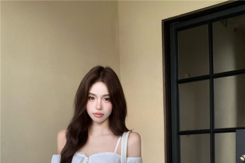 Drawstring Cold Zip-Up Fit / Striped Pants Lace Long-Sleeve Waist Shoulder Loose Trim Blouse Crop