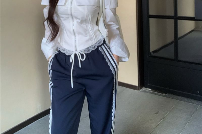 Drawstring Cold Zip-Up Fit / Striped Pants Lace Long-Sleeve Waist Shoulder Loose Trim Blouse Crop