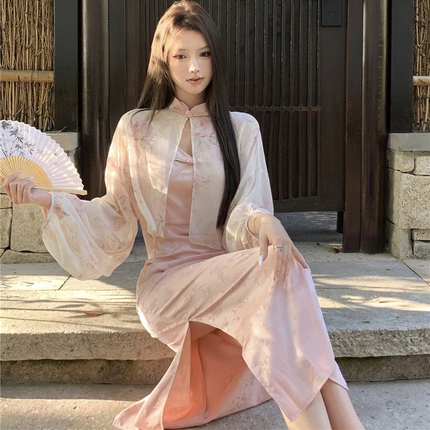 Mandarin Frog Slit Collar Maxi Print Jacket Light V-Neck Floral Jacquard Dress / Strap Sheath Closure Spaghetti