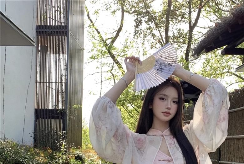 Mandarin Frog Slit Collar Maxi Print Jacket Light V-Neck Floral Jacquard Dress / Strap Sheath Closure Spaghetti