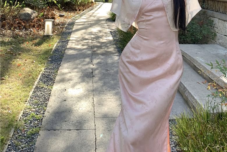 Mandarin Frog Slit Collar Maxi Print Jacket Light V-Neck Floral Jacquard Dress / Strap Sheath Closure Spaghetti