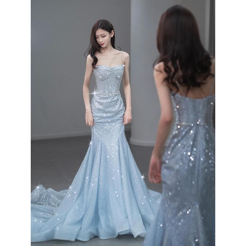 Evening Back Strap Gown Spaghetti Open Trained Sequin Mermaid