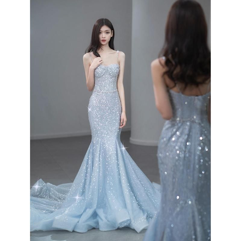 Evening Back Strap Gown Spaghetti Open Trained Sequin Mermaid
