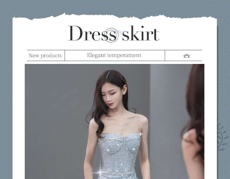 Evening Back Strap Gown Spaghetti Open Trained Sequin Mermaid