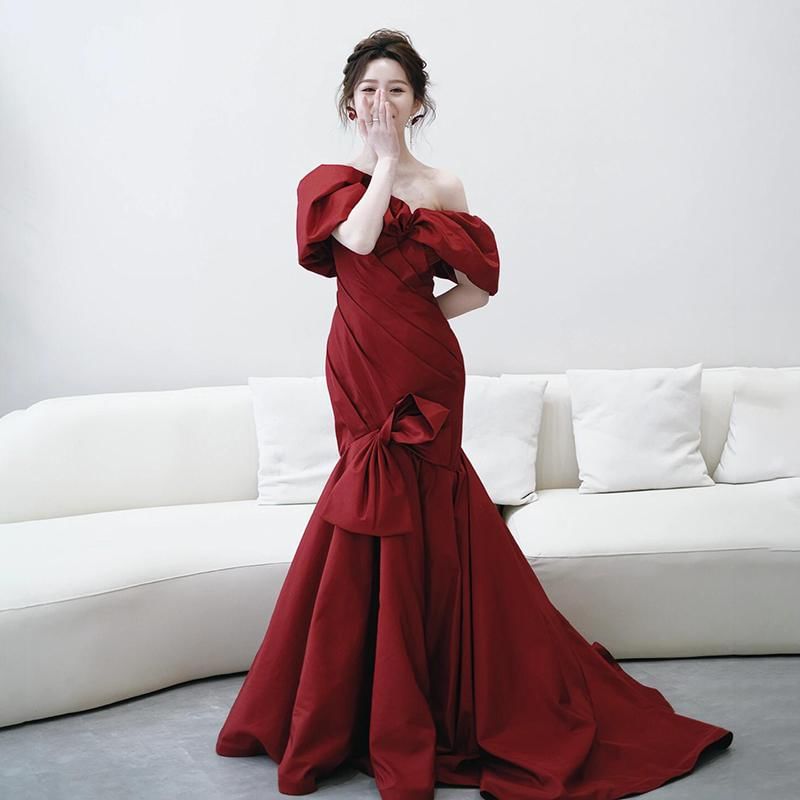 Puff-Sleeve Off-Shoulder Plain Bow Accent Ruched Trained Trumpet Evening Gown