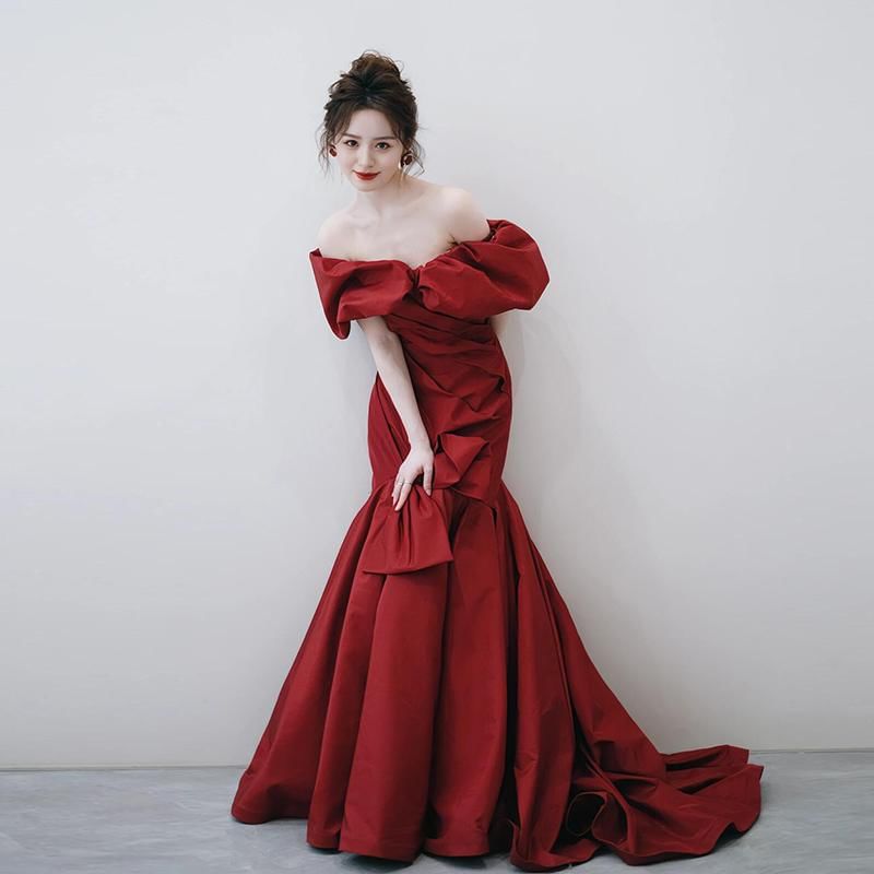 Puff-Sleeve Off-Shoulder Plain Bow Accent Ruched Trained Trumpet Evening Gown