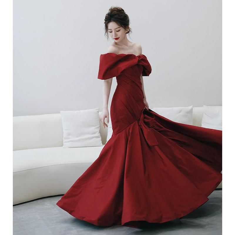 Trumpet Off-Shoulder Plain Gown Bow Ruched Accent Evening Trained Puff-Sleeve