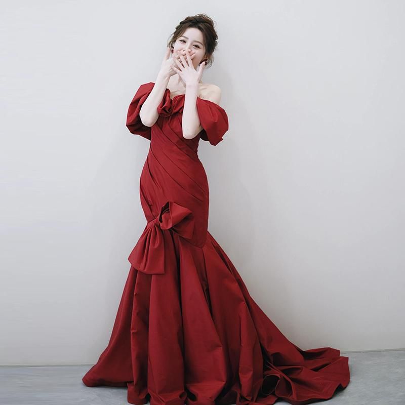 Puff-Sleeve Off-Shoulder Plain Bow Accent Ruched Trained Trumpet Evening Gown