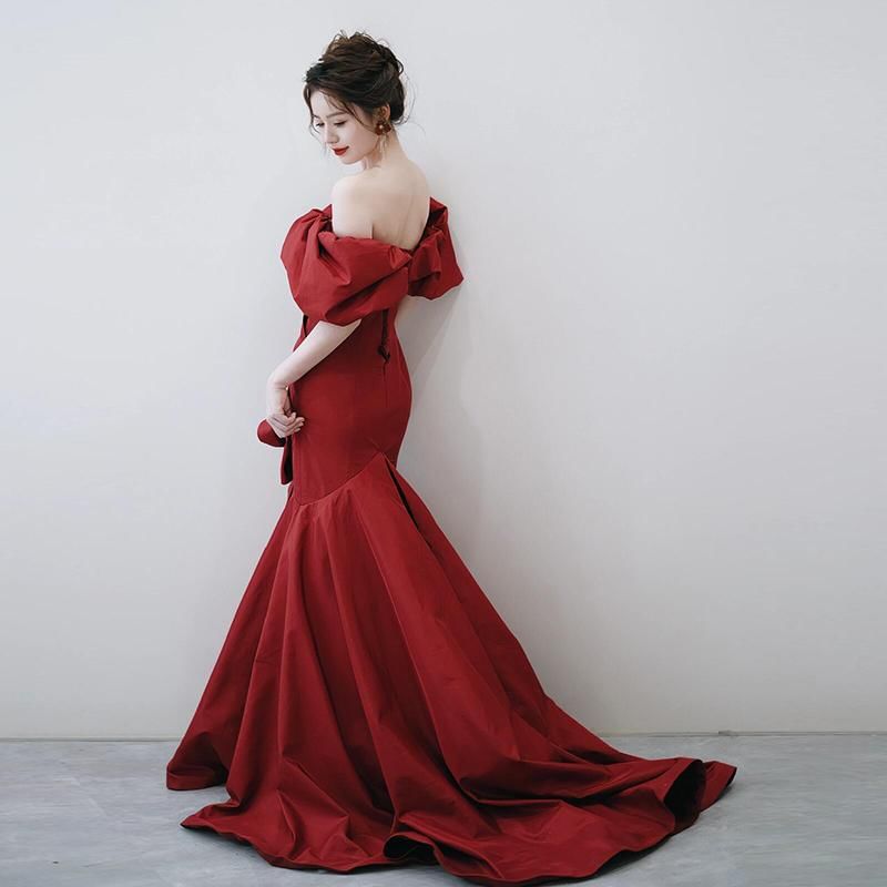 Puff-Sleeve Off-Shoulder Plain Bow Accent Ruched Trained Trumpet Evening Gown