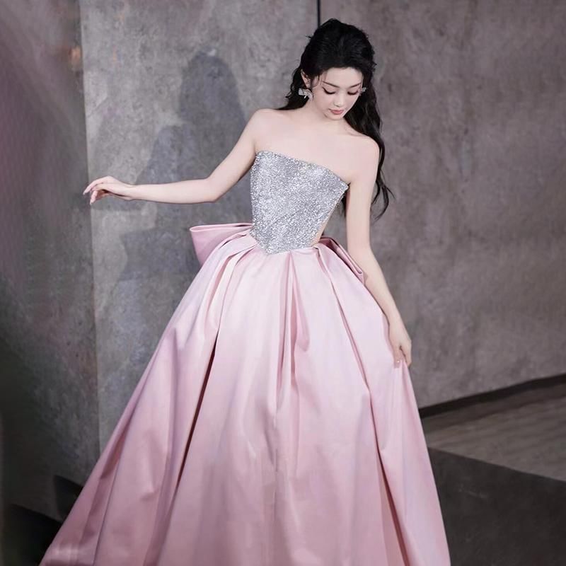 Strapless Sequin Panel Bow Back Ball Gown