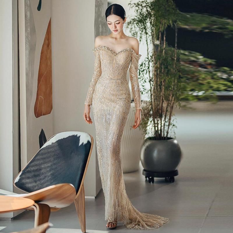 Long-Sleeve Off-Shoulder Sequin Mermaid Evening Gown