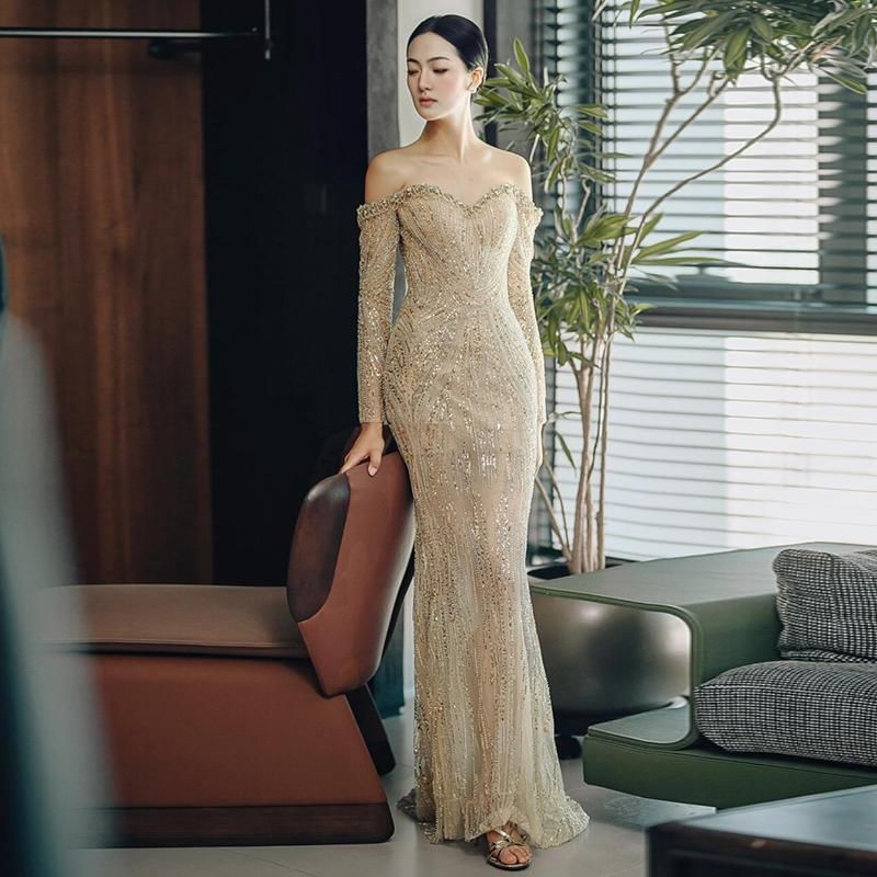 Long-Sleeve Off-Shoulder Sequin Mermaid Evening Gown