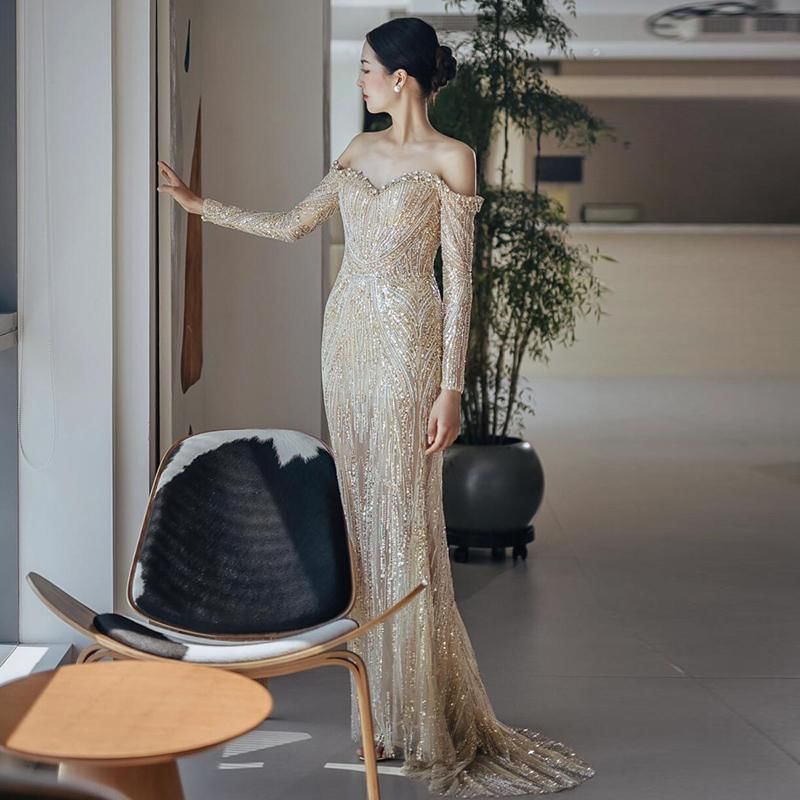 Sequin Mermaid Off-Shoulder Evening Gown Long-Sleeve