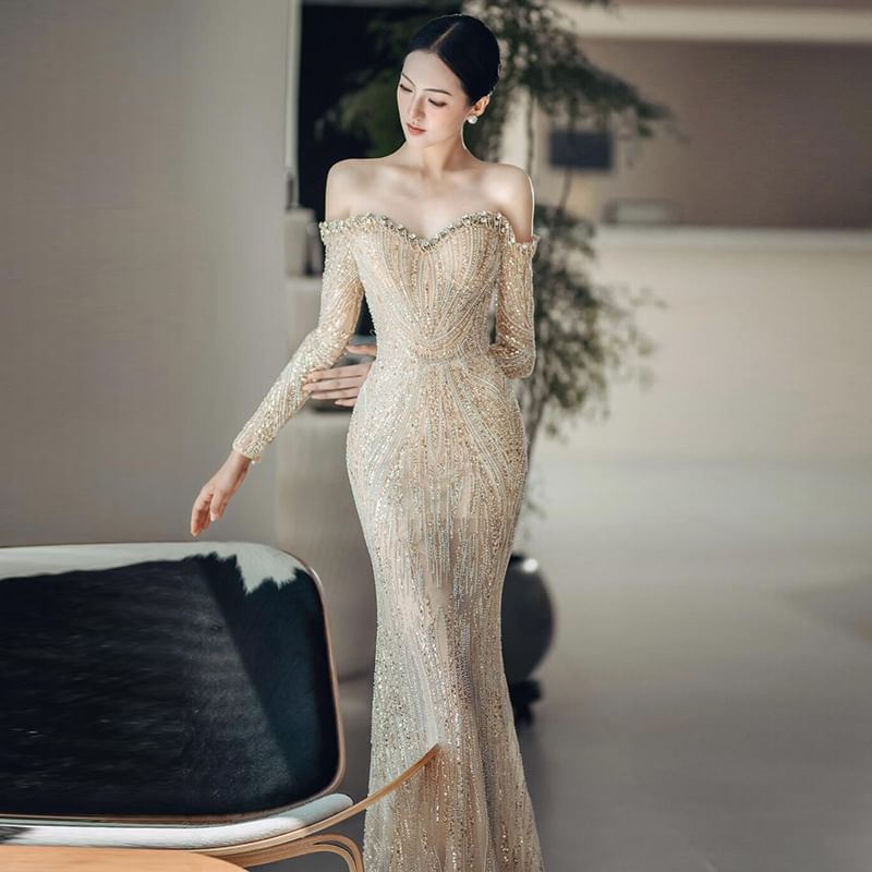 Long-Sleeve Off-Shoulder Sequin Mermaid Evening Gown