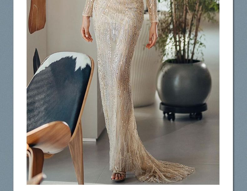Sequin Mermaid Off-Shoulder Evening Gown Long-Sleeve