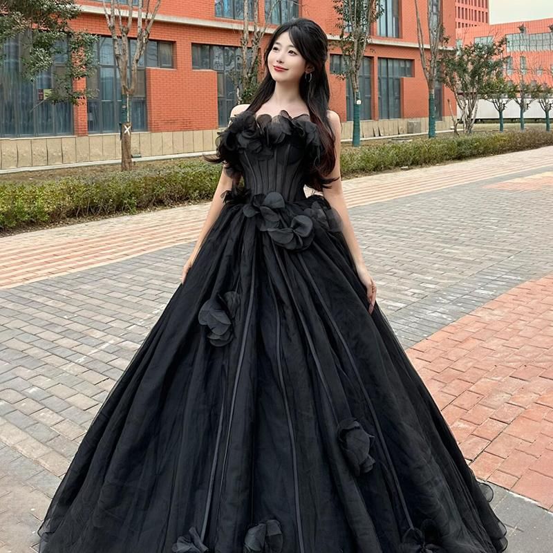 Strapless Plain Floral Accent Ball Gown