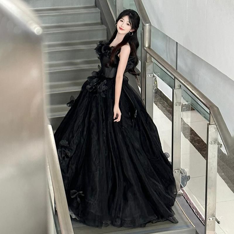 Strapless Plain Floral Accent Ball Gown