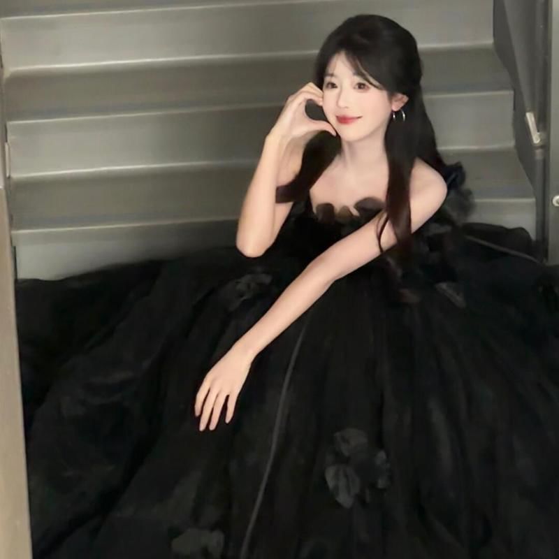 Strapless Plain Floral Accent Ball Gown