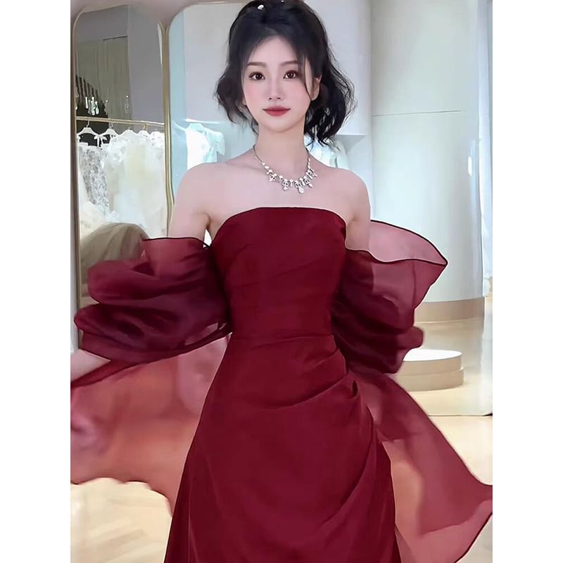 Off-Shoulder Plain Ruched Slit Satin Mermaid Evening Gown