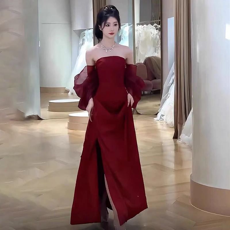 Off-Shoulder Plain Ruched Slit Satin Mermaid Evening Gown