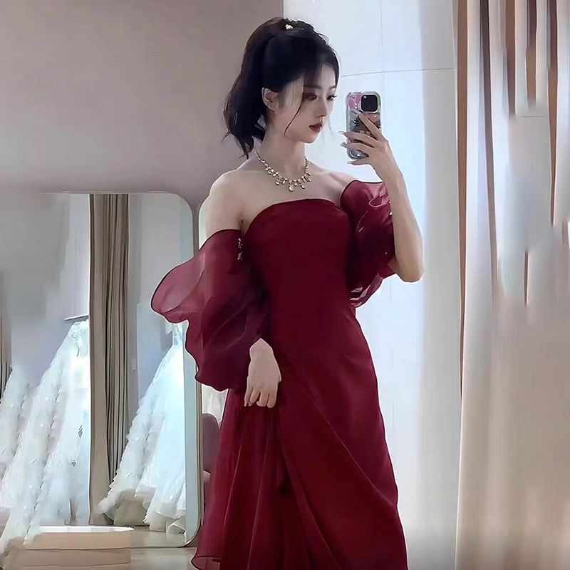 Off-Shoulder Plain Ruched Slit Satin Mermaid Evening Gown