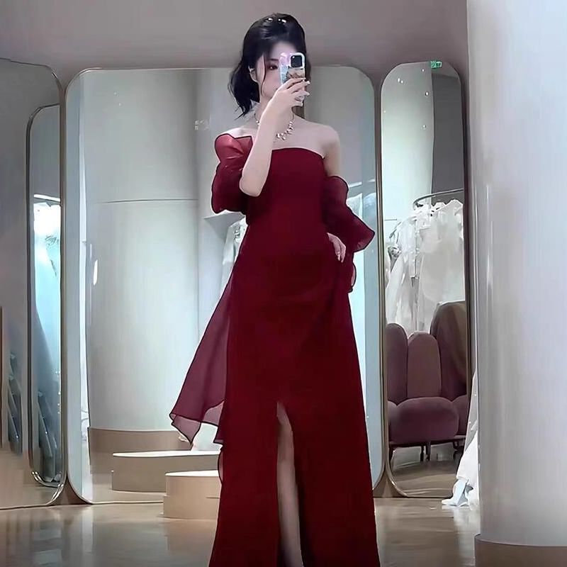 Off-Shoulder Plain Ruched Slit Satin Mermaid Evening Gown