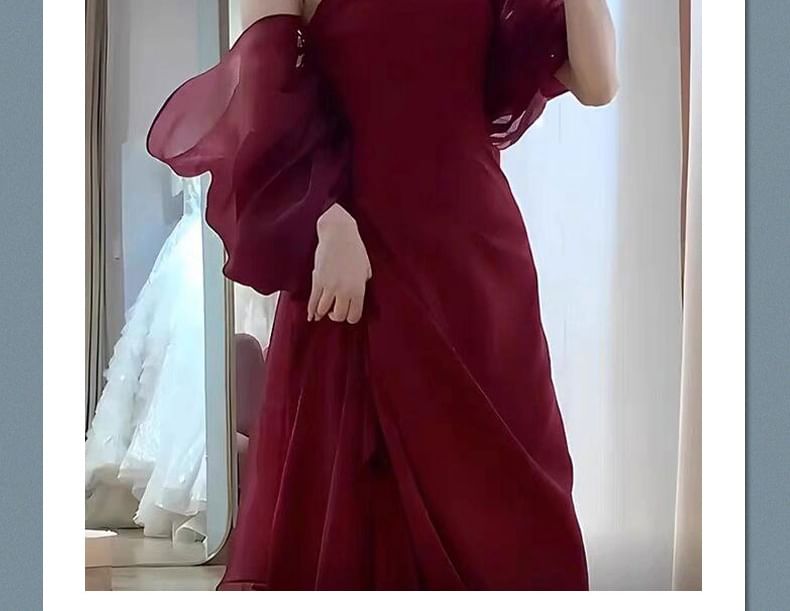 Off-Shoulder Plain Ruched Slit Satin Mermaid Evening Gown